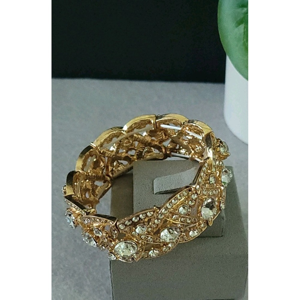 Vintage Gold Tone Rhinestone Stretch Bracelet Celtic Knot Statement Size 5.75